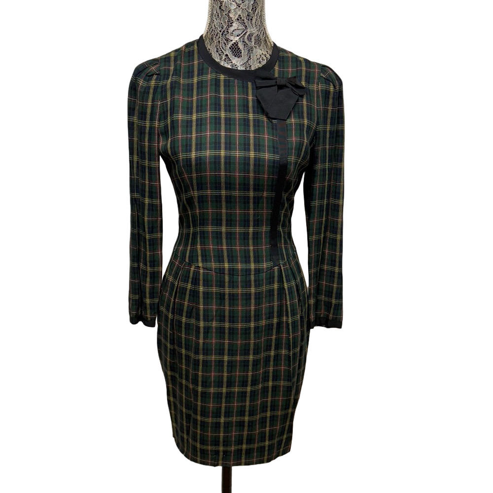 All Week Long Petite 6P Green Black Plaid Long Sleeve Sheath Dress Vintage